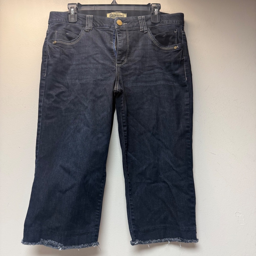 Democracy Capri Jeans Women 12 Blue Excellent Ab Technology Raw Hem Fringe 15451